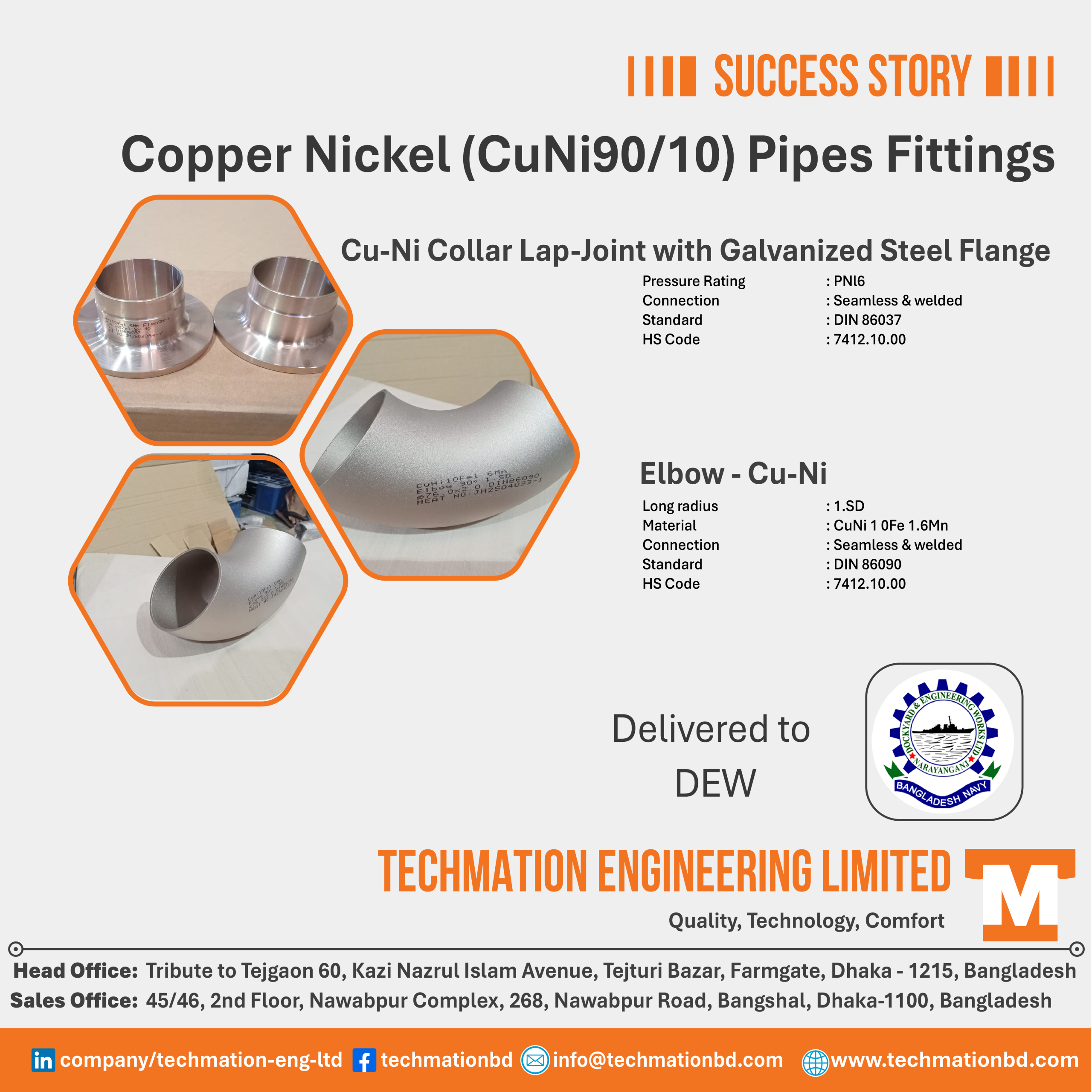 Advanced Cu Ni Fittings Supply for Dockyard and Engineering Works Ltd DEW by Techmation