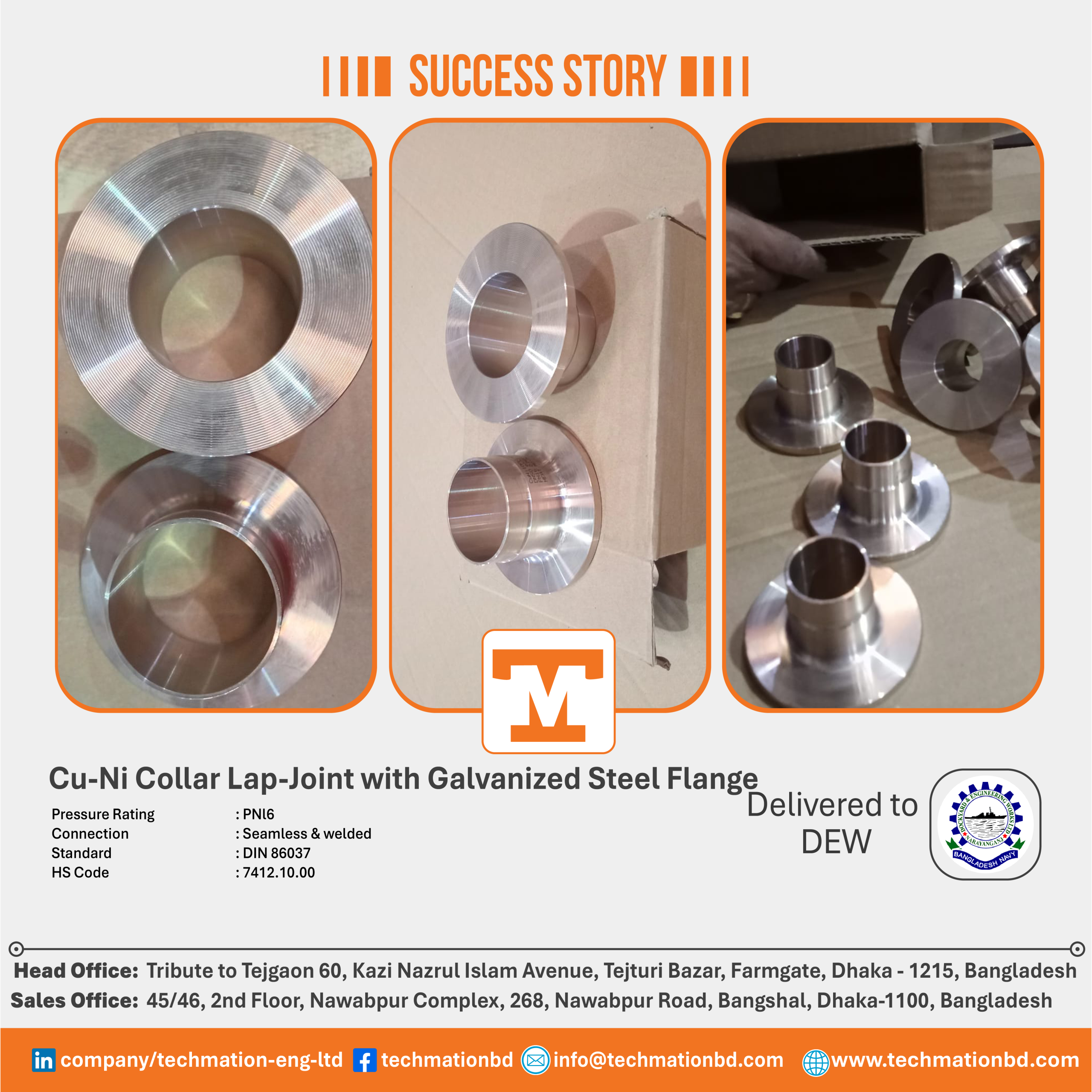 Advanced Cu Ni Fittings Supply for Dockyard and Engineering Works Ltd DEW by Techmation