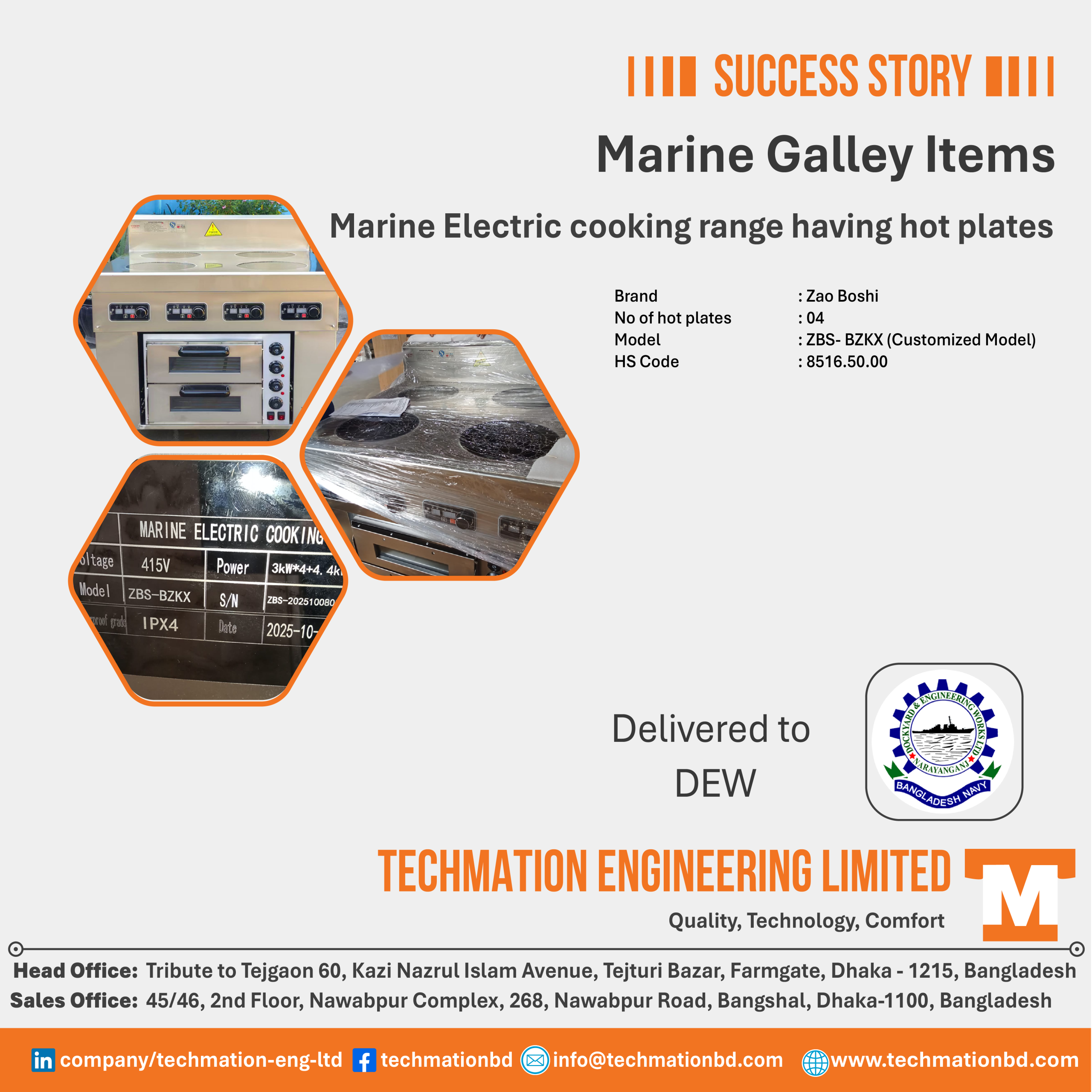 Marine Electric Cooking Range Supply to DEW by Techmation