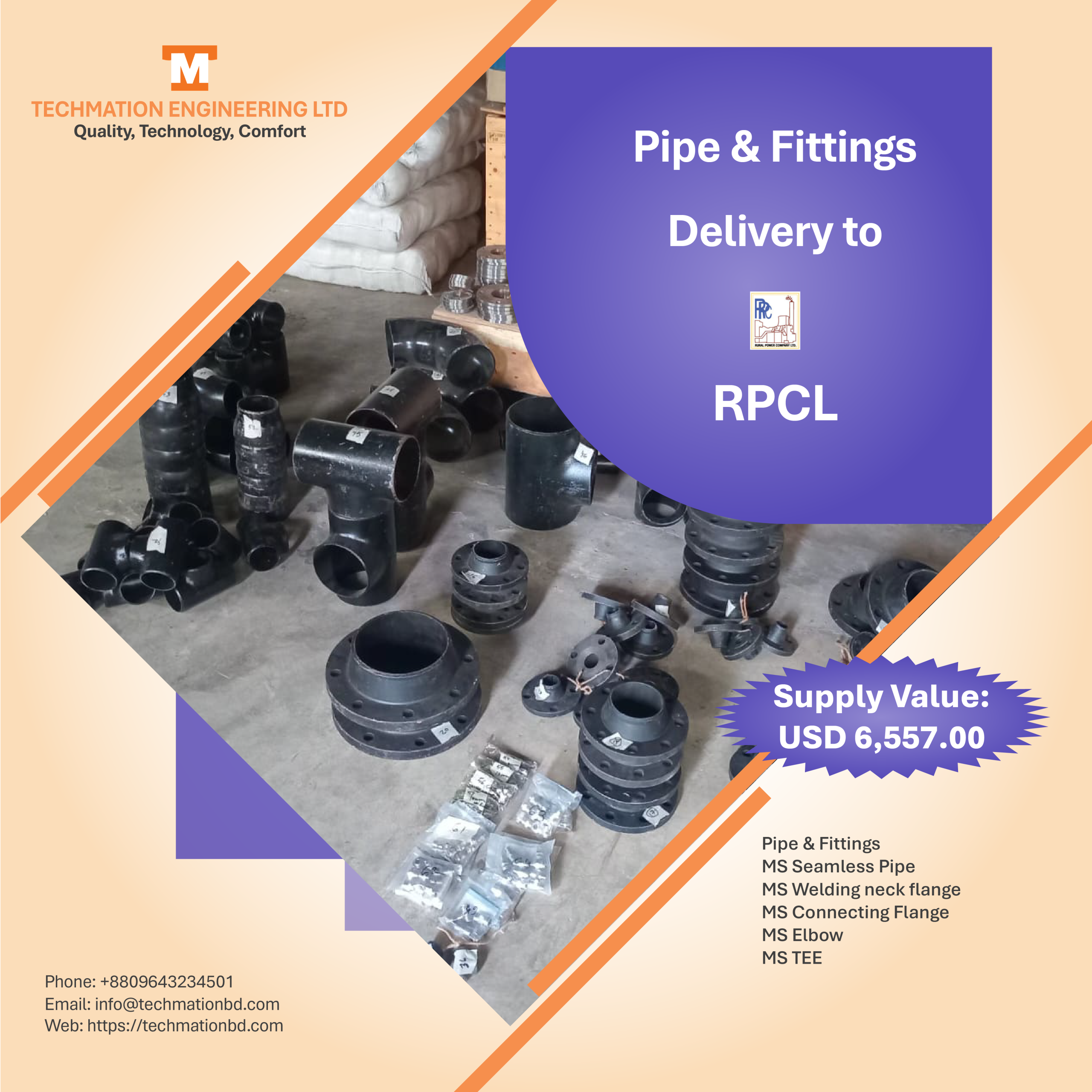 Techmation Engineering RPCL Gazipur Project Delivery Techmation Engineering Limited delivering piping materials to RPCL Gazipur 52 MW Power Plant